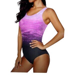 One Piece Swimsuit Purple & Blue Color Block Tummy Control Crisscross Back:Large